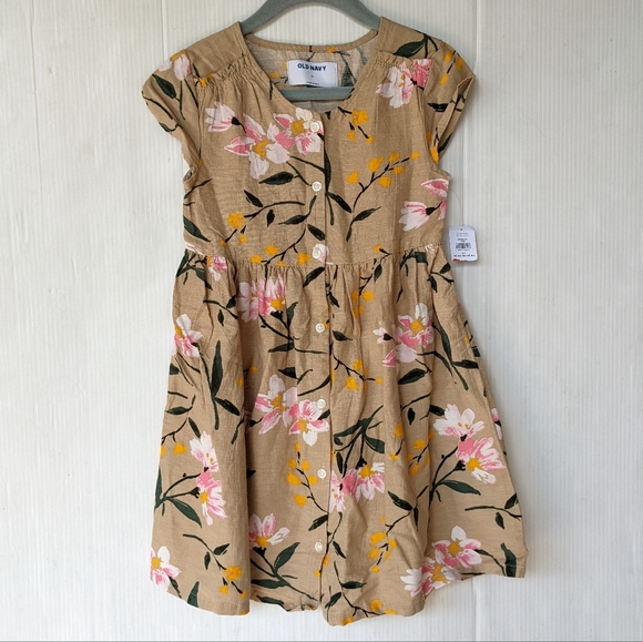 OLD NAVY girls tan floral button front linen blend dress - Picture 4 of 8